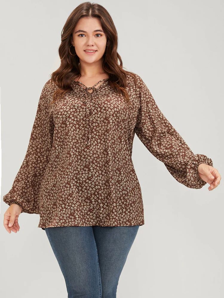 Ditsy Floral Lantern Sleeve Ties V Neck Blouse Ditsy Floral Lantern Sleeve Ties V Neck Blouse