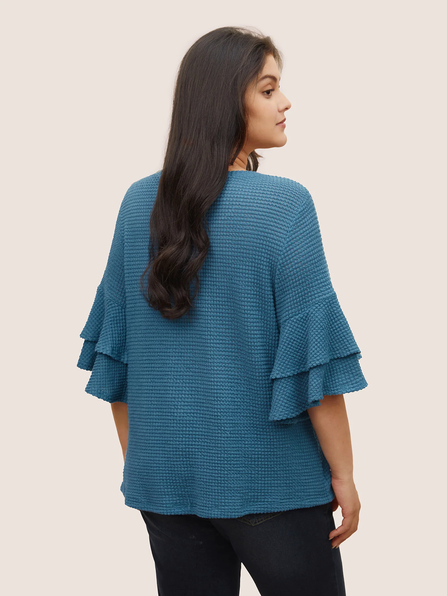 Solid Waffle Knit Tiered Flutter Sleeve T-shirt