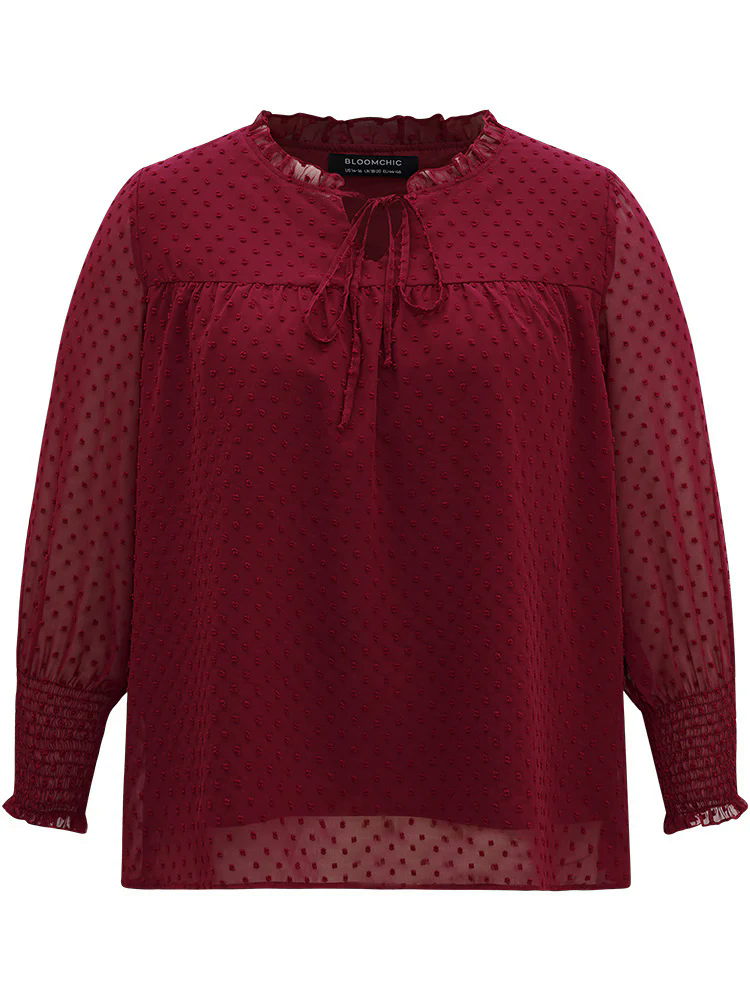 Halloween Solid Tie Neck Shirred Blouse Halloween Solid Tie Neck Shirred Blouse
