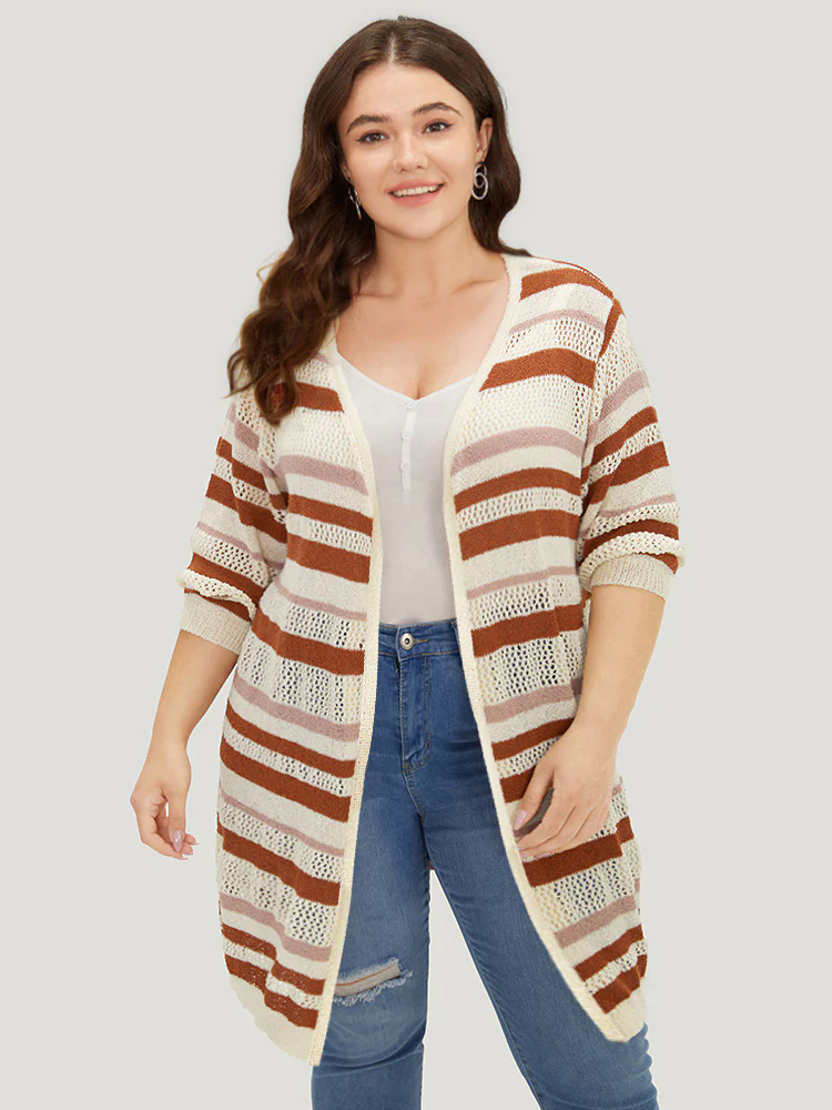 Striped Hollow Out Open Front Split Hem Cardigan