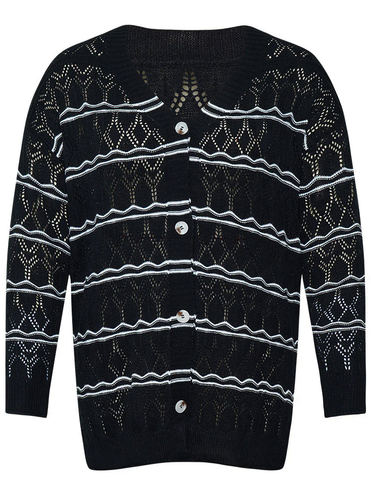 Striped Geometric Button Through Cardigan