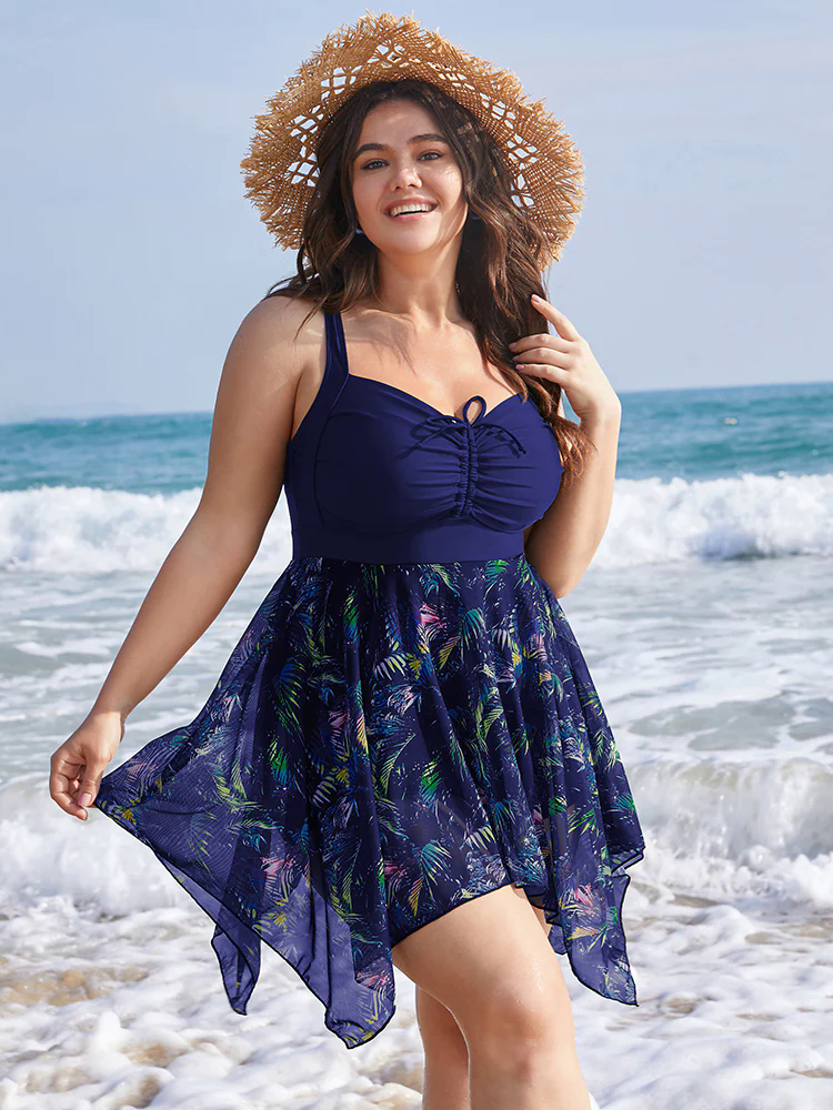 Tropical Ruched Ties Hanky Hem Crisscross Swim Dress Tropical Ruched Ties Hanky Hem Crisscross Swim Dress