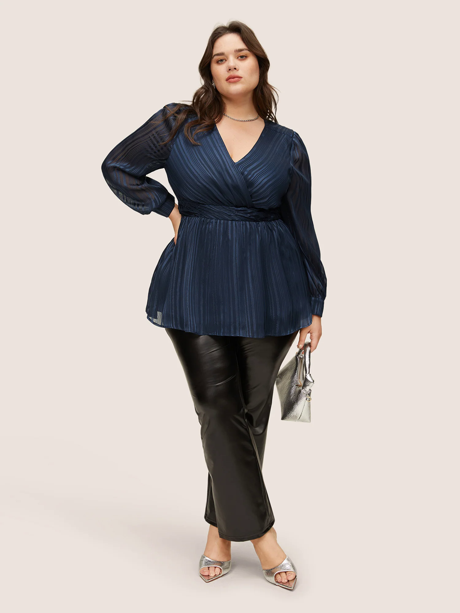 Texture Ruched Mesh Wrap Blouse