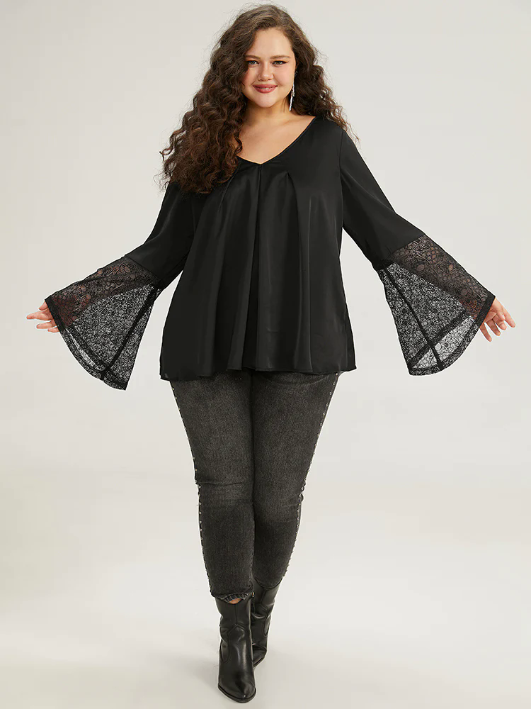 Halloween Lace Patchwork Ties Bell Sleeve Blouse Halloween Lace Patchwork Ties Bell Sleeve Blouse