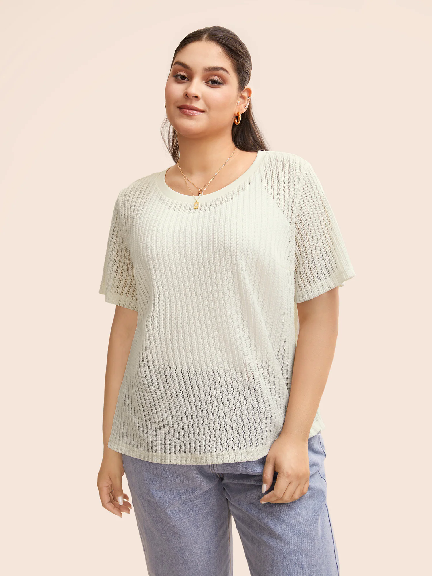 Round Neck Pointelle Knit T-shirt