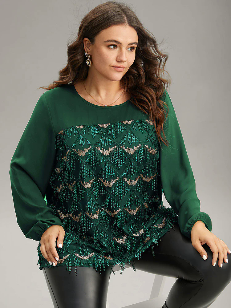 Sequin Tassel Trim Patchwork Lantern Sleeve Blouse Sequin Tassel Trim Patchwork Lantern Sleeve Blouse