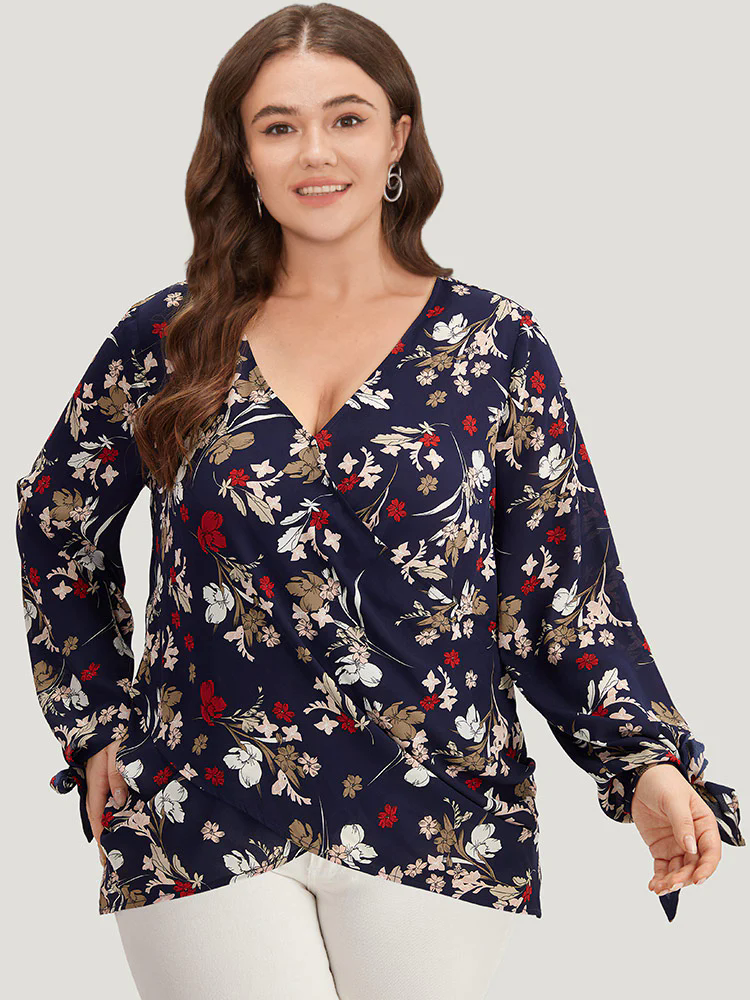 Floral V Neck Wrap Twist Sleeve Blouse Floral V Neck Wrap Twist Sleeve Blouse