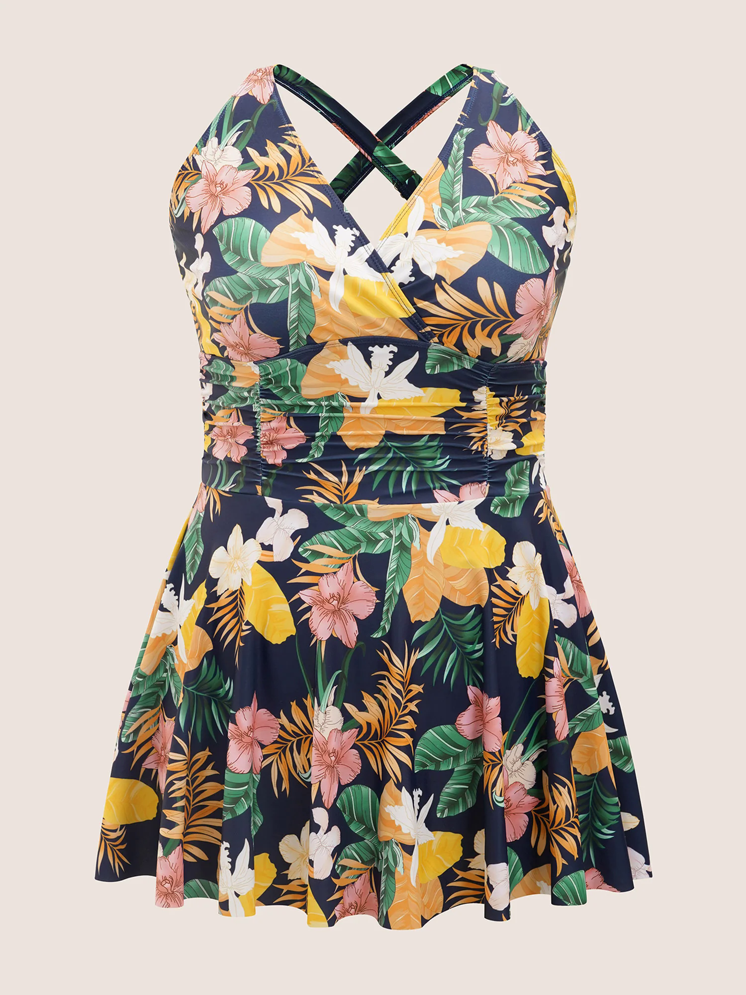 Tropical Adjustable Straps Ruched Swim Dress Tropical Adjustable Straps Ruched Swim Dress