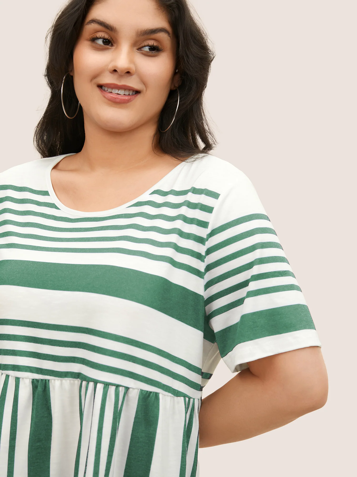 Striped Print Elastic Waist Round Neck T-shirt Striped Print Elastic Waist Round Neck T-shirt