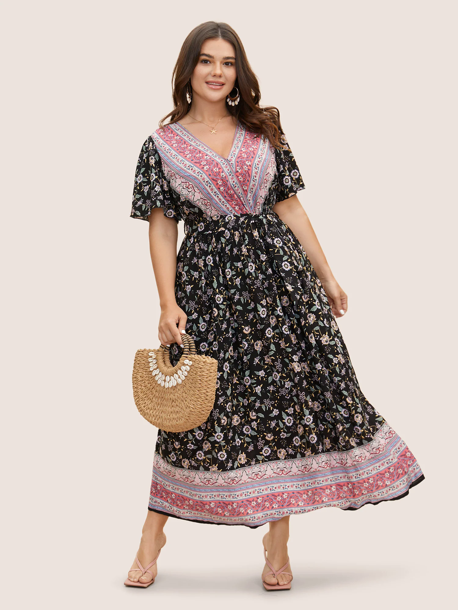 Bandana Surplice Neck Pocket Belted Flutter Hem Maxi Dress Bandana Surplice Neck Pocket Belted Flutter Hem Maxi Dress