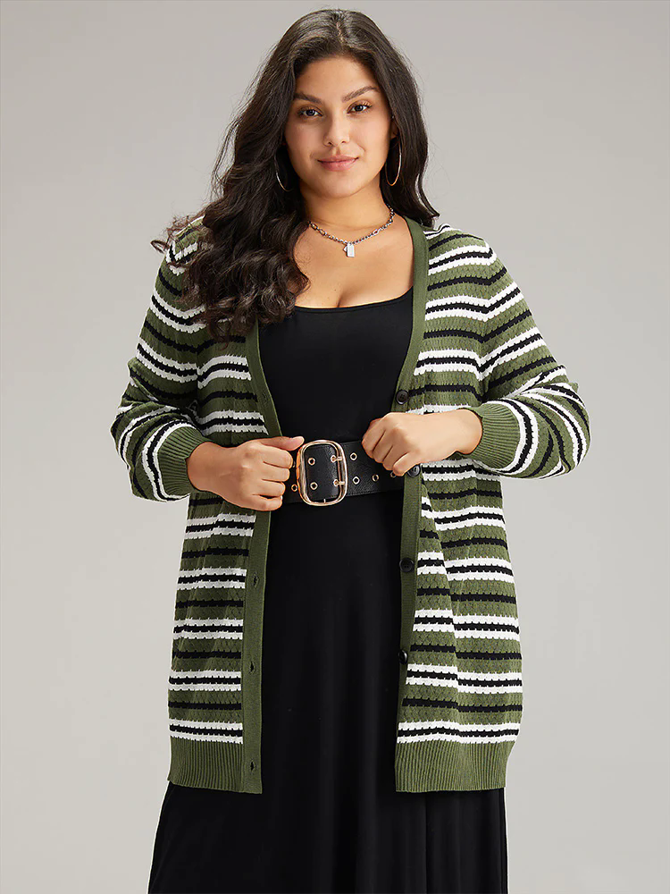 Striped Contrast Elastic Cuffs Button Through Cardigan