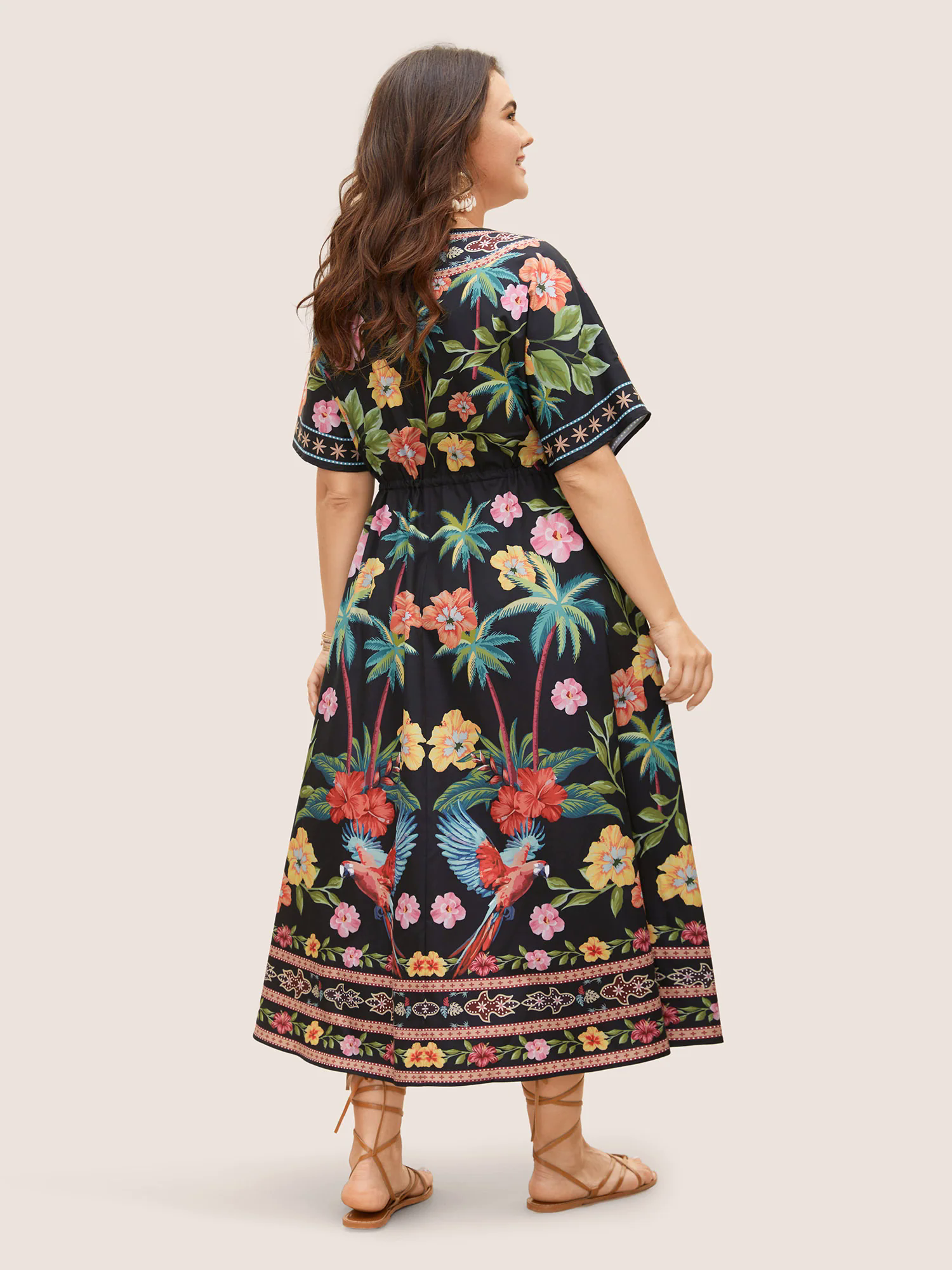 Boho Print Overlap Collar Drawstring Dress