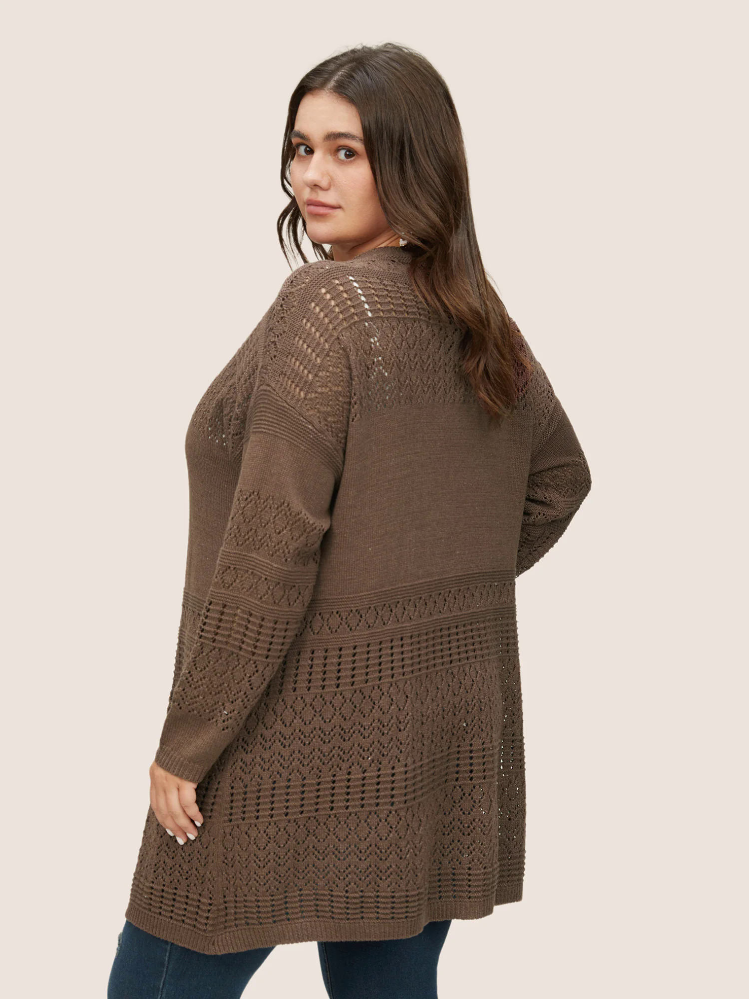 Solid Geometric Hollow Out Pocket Cardigan Solid Geometric Hollow Out Pocket Cardigan