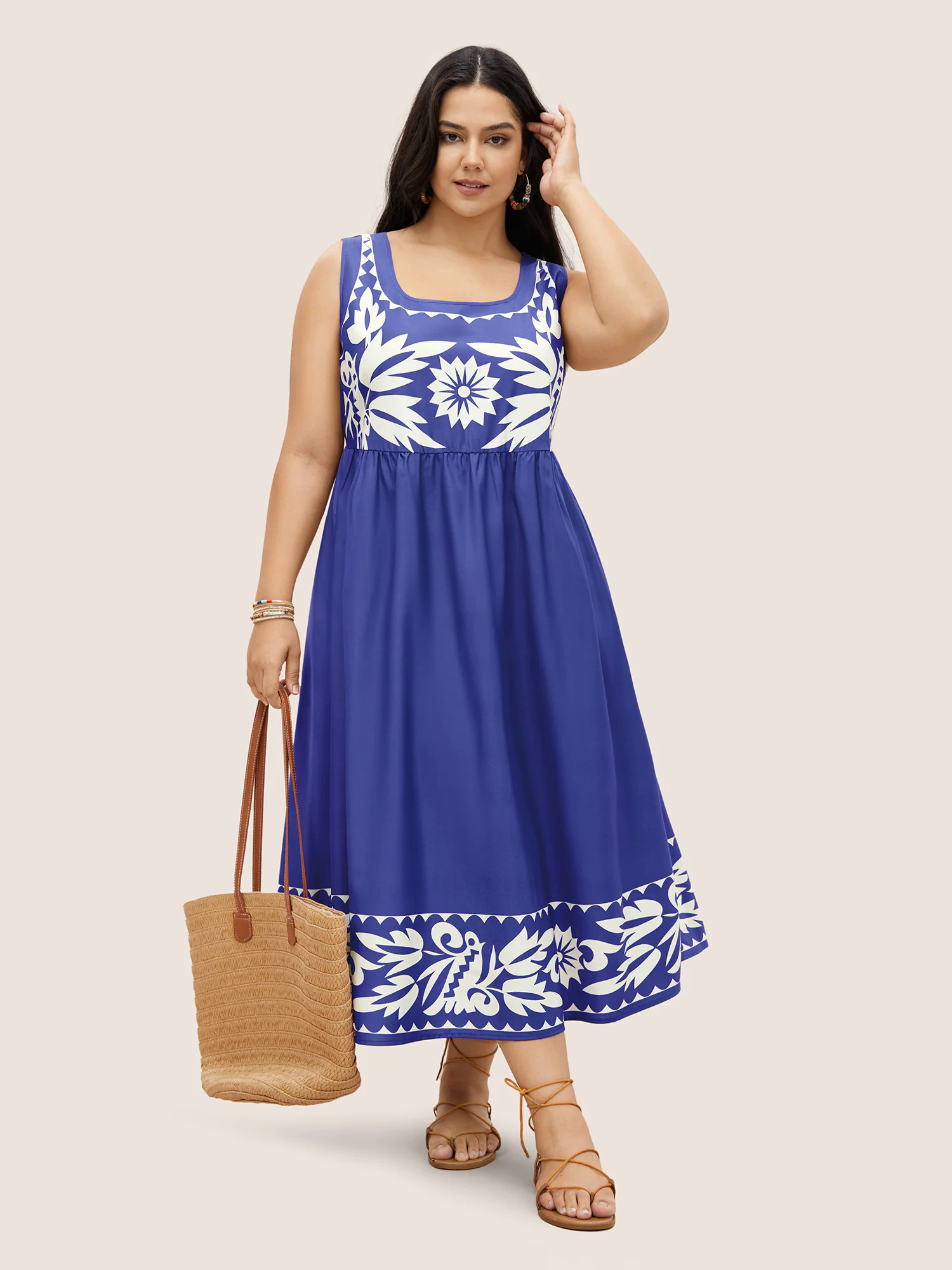 Boho Print Square Neck Elastic Waist Tank Dress Boho Print Square Neck Elastic Waist Tank Dress