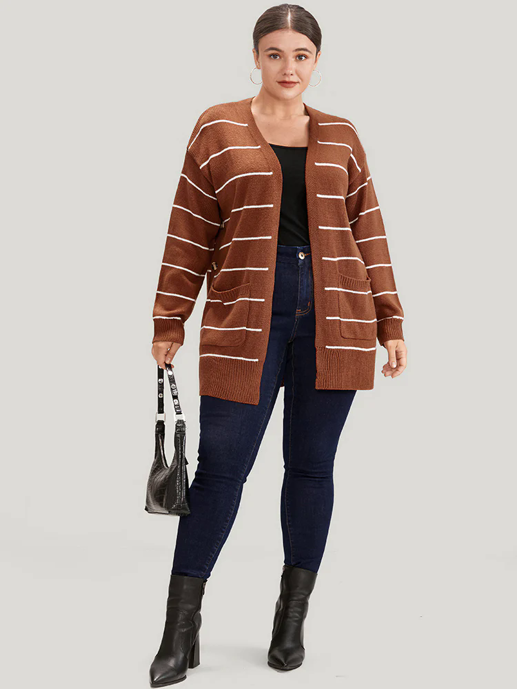 Striped Pointelle Knit Button Side Pocket Open Front Cardigan