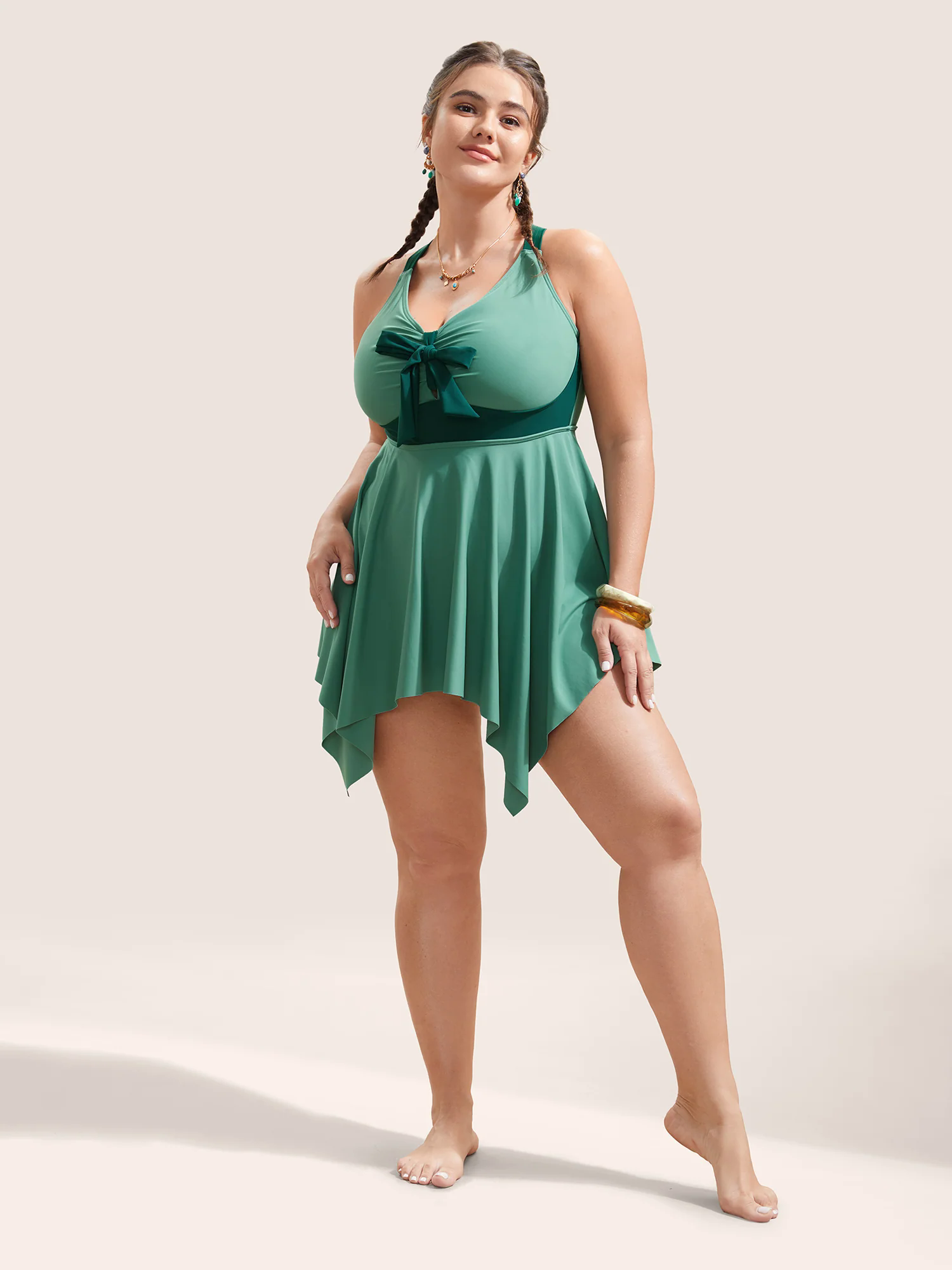 Plain Patchwork Bowknot Hanky Hem Swim Dress Plain Patchwork Bowknot Hanky Hem Swim Dress