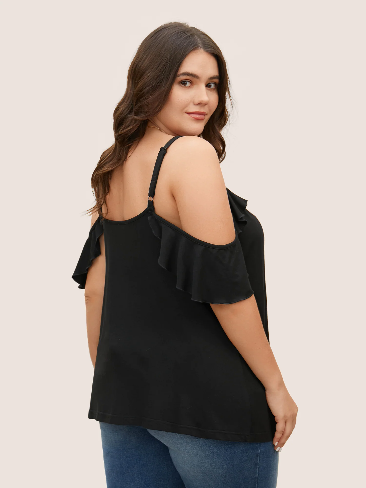 Plain Cold Shoulder Ruffle Trim T-shirt Plain Cold Shoulder Ruffle Trim T-shirt