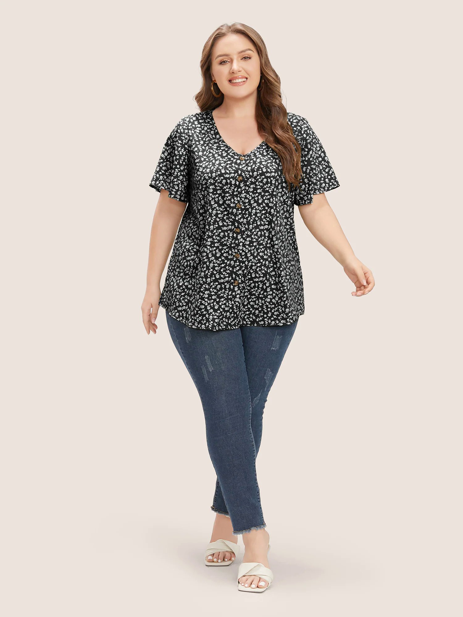 Ditsy Floral Ruffle Sleeve Button Detail Blouse Ditsy Floral Ruffle Sleeve Button Detail Blouse