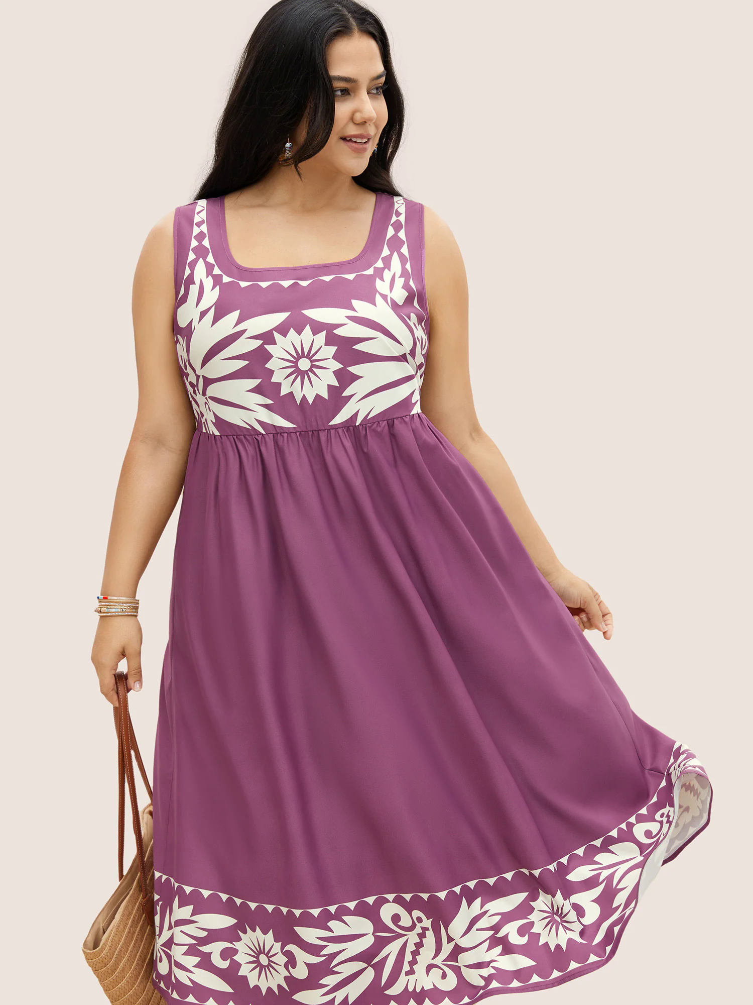 Boho Print Square Neck Elastic Waist Tank Dress Boho Print Square Neck Elastic Waist Tank Dress