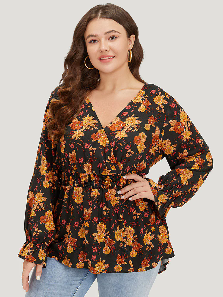 Floral Print Wrap Shirred Lantern Sleeve Blouse Floral Print Wrap Shirred Lantern Sleeve Blouse