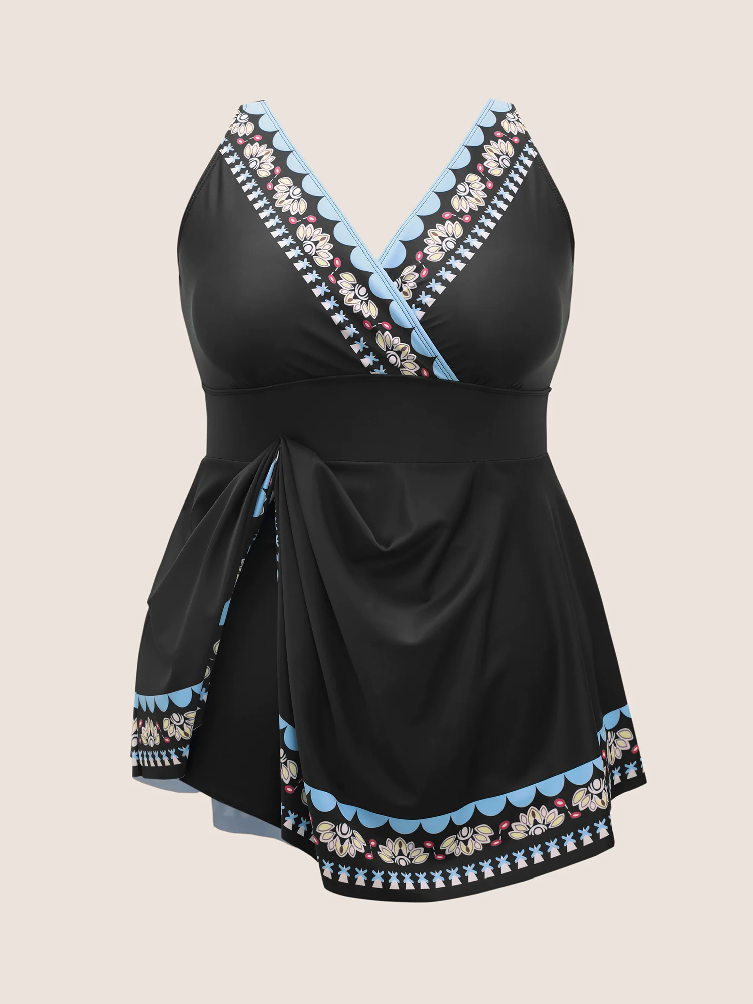 Overlap Collar Boho Print Hanky Hem Swim Dress Overlap Collar Boho Print Hanky Hem Swim Dress