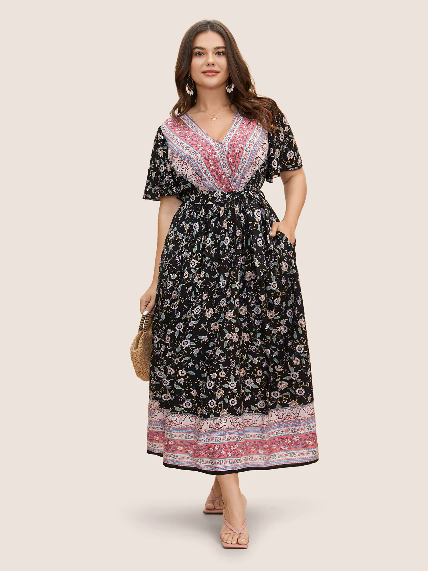 Bandana Surplice Neck Pocket Belted Flutter Hem Maxi Dress Bandana Surplice Neck Pocket Belted Flutter Hem Maxi Dress