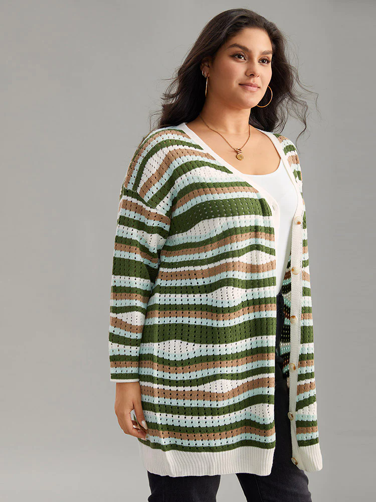 Striped Contrast Button Up Hollow Out Cardigan Striped Contrast Button Up Hollow Out Cardigan