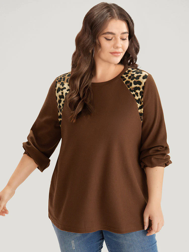Leopard Patchwork Waffle Knit Elastic Cuffs T-shirt Leopard Patchwork Waffle Knit Elastic Cuffs T-shirt