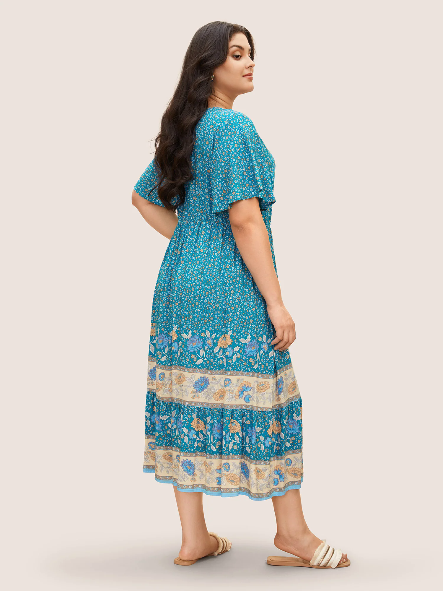 Bandana Keyhole Ruffle Sleeve Midi Dress Bandana Keyhole Ruffle Sleeve Midi Dress
