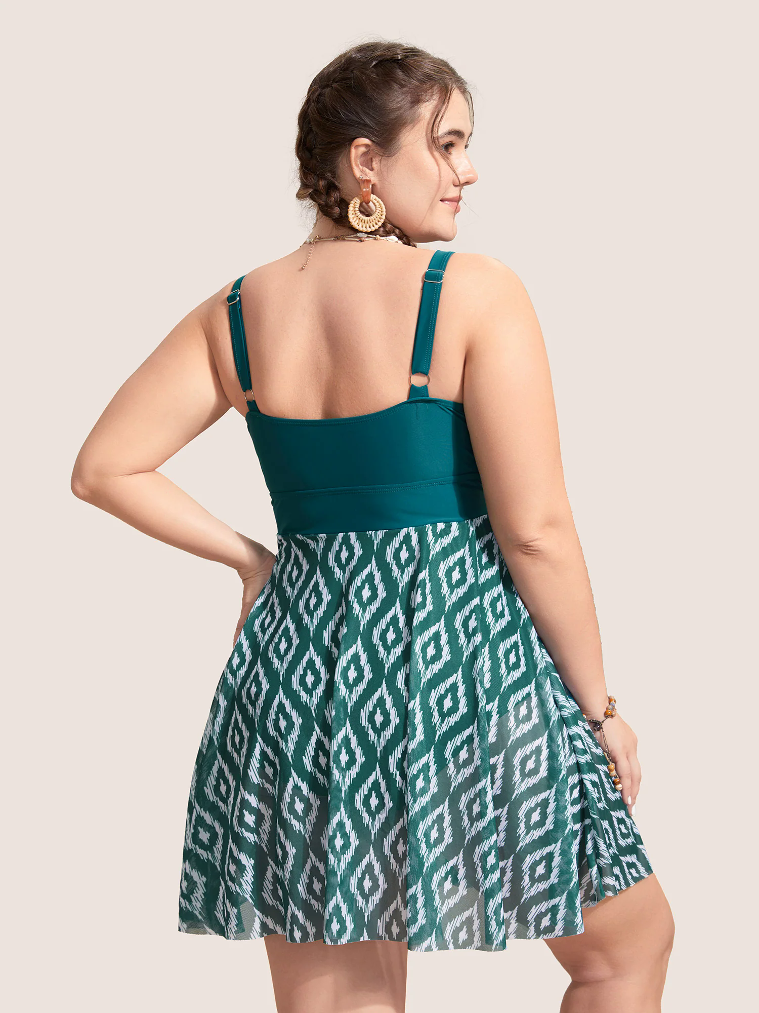Geometric Patchwork See Through Ruffles Swim Dress Geometric Patchwork See Through Ruffles Swim Dress
