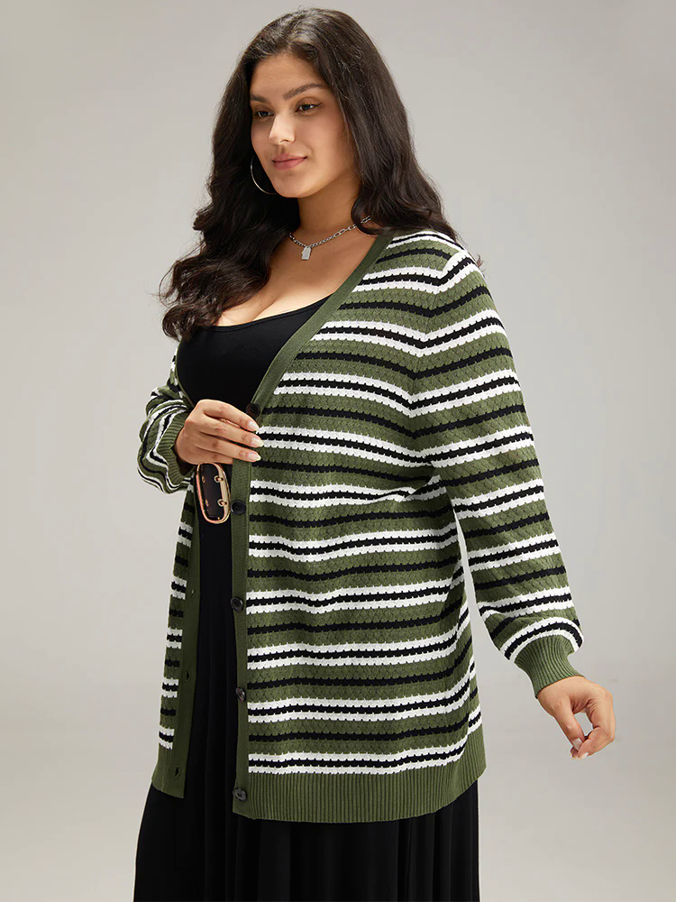 Striped Contrast Elastic Cuffs Button Through Cardigan