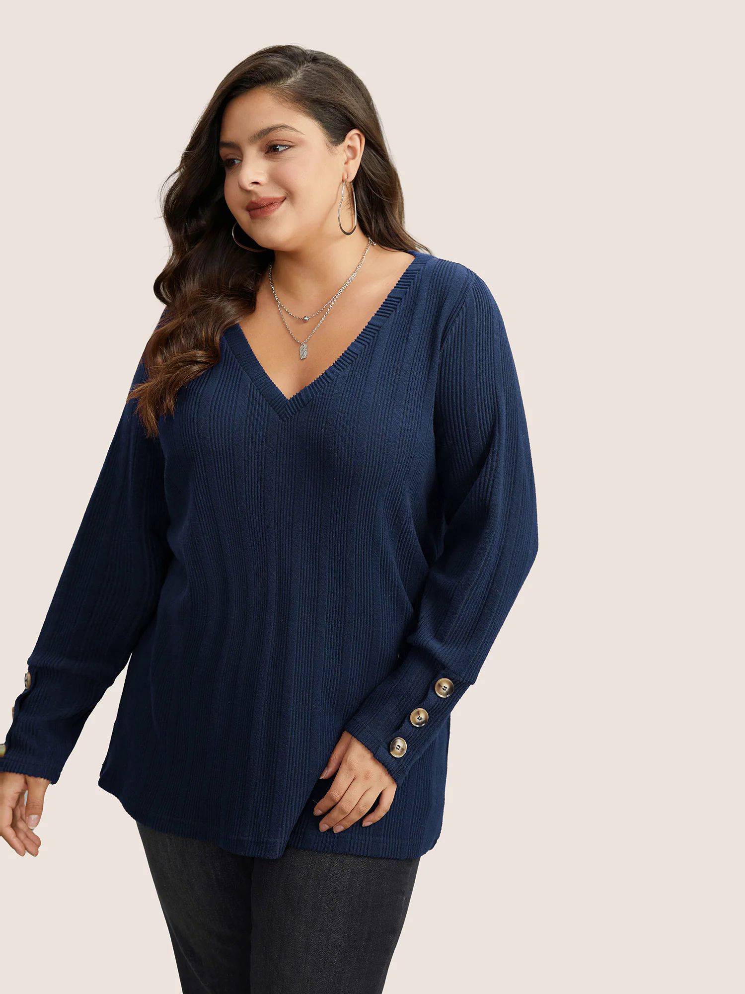 Rib Knit V Neck Button Detail T-shirt Rib Knit V Neck Button Detail T-shirt