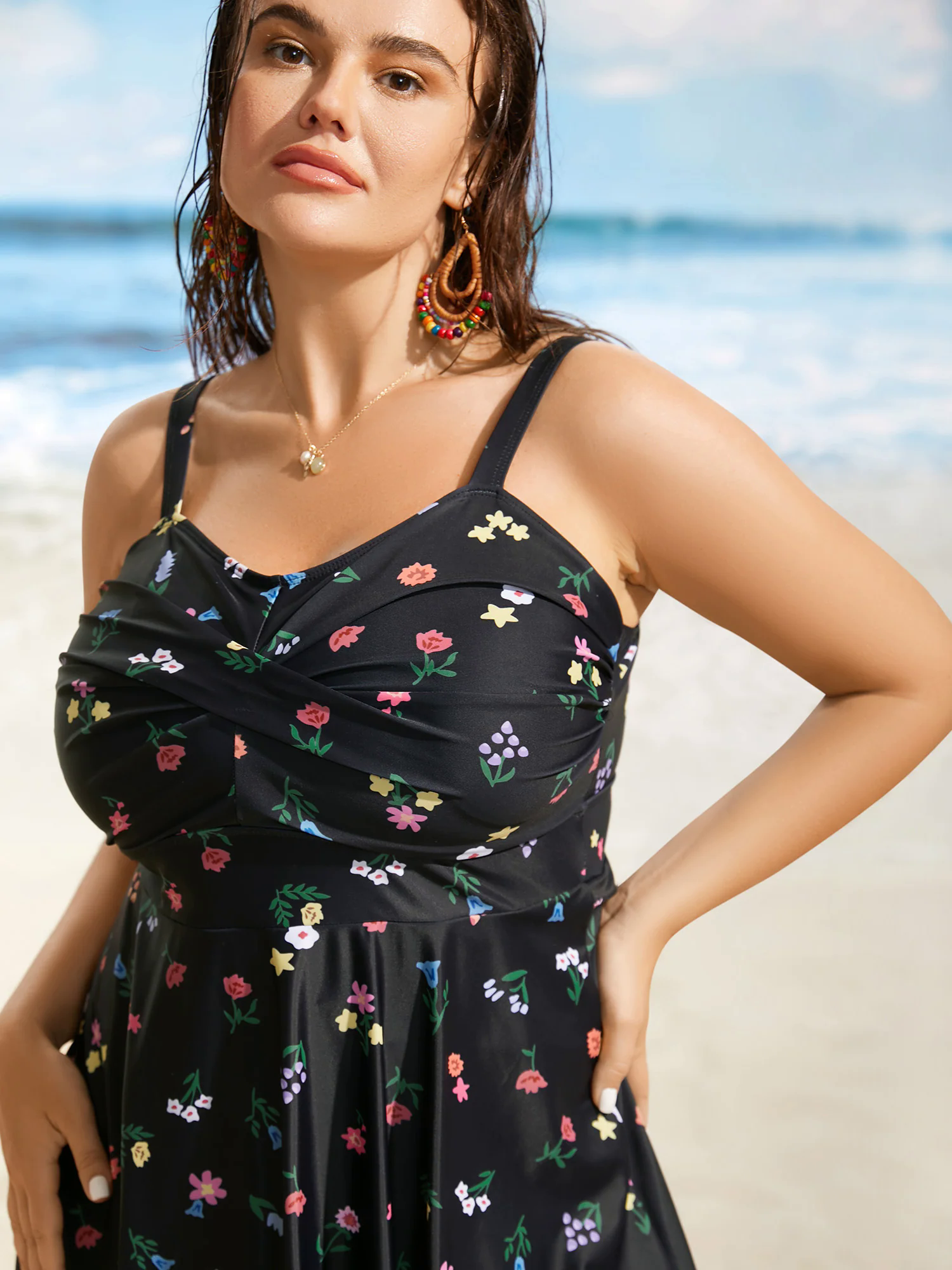 Heart Neckline Floral Twist Front Swim Dress Heart Neckline Floral Twist Front Swim Dress