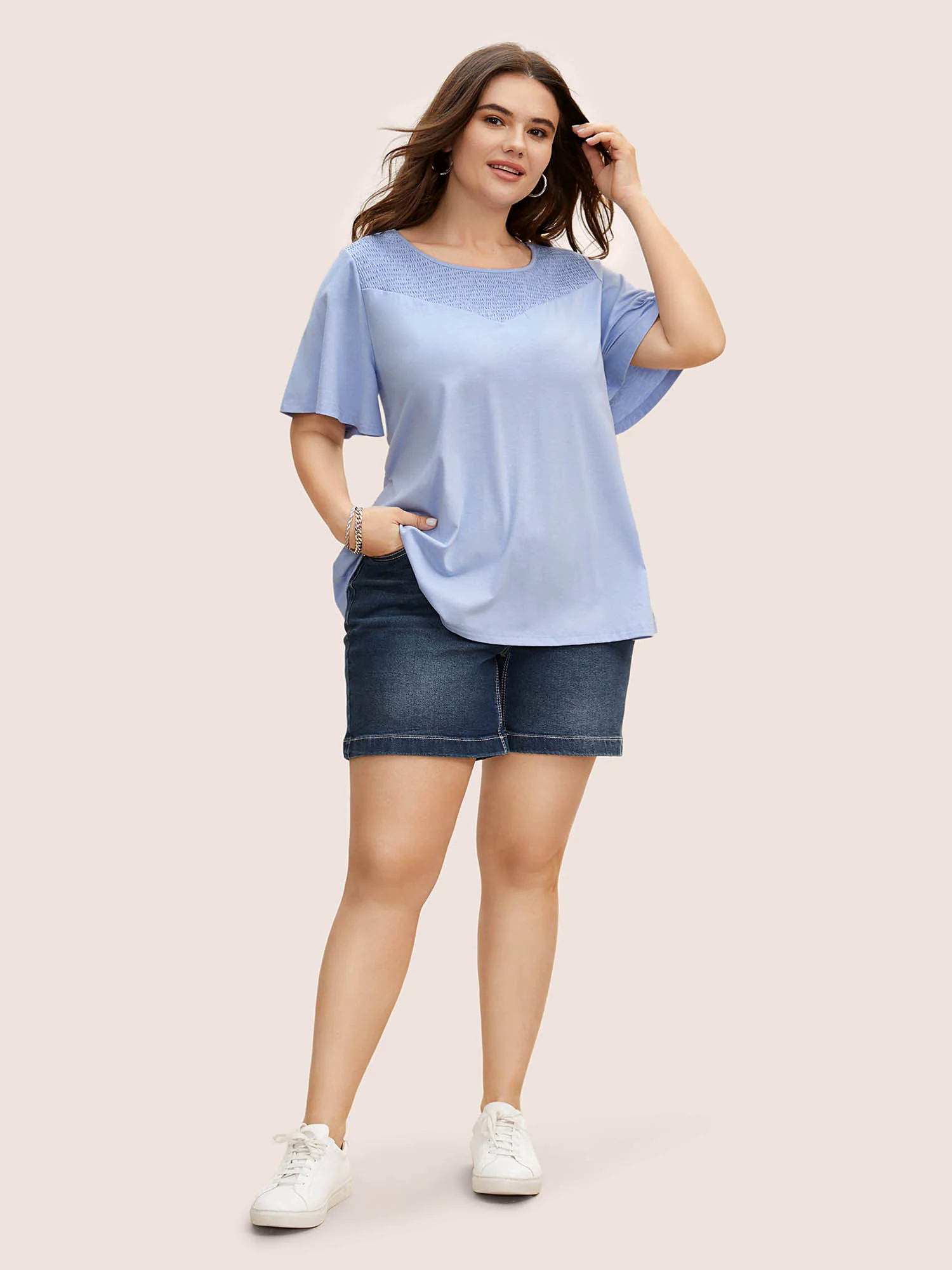 Round Neck Shirred Ruffle Sleeve T-shirt Round Neck Shirred Ruffle Sleeve T-shirt