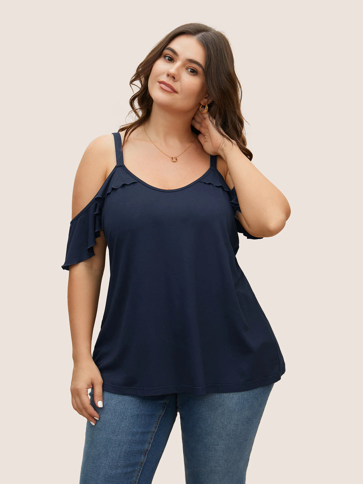 Plain Cold Shoulder Ruffle Trim T-shirt Plain Cold Shoulder Ruffle Trim T-shirt