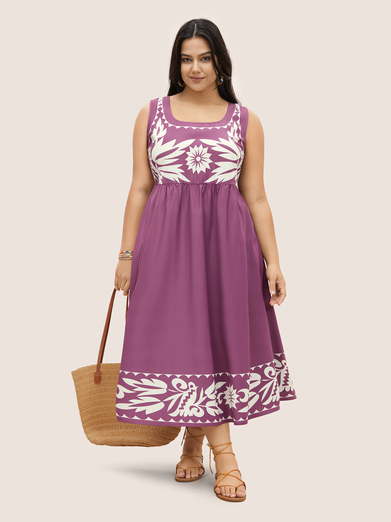 Boho Print Square Neck Elastic Waist Tank Dress Boho Print Square Neck Elastic Waist Tank Dress