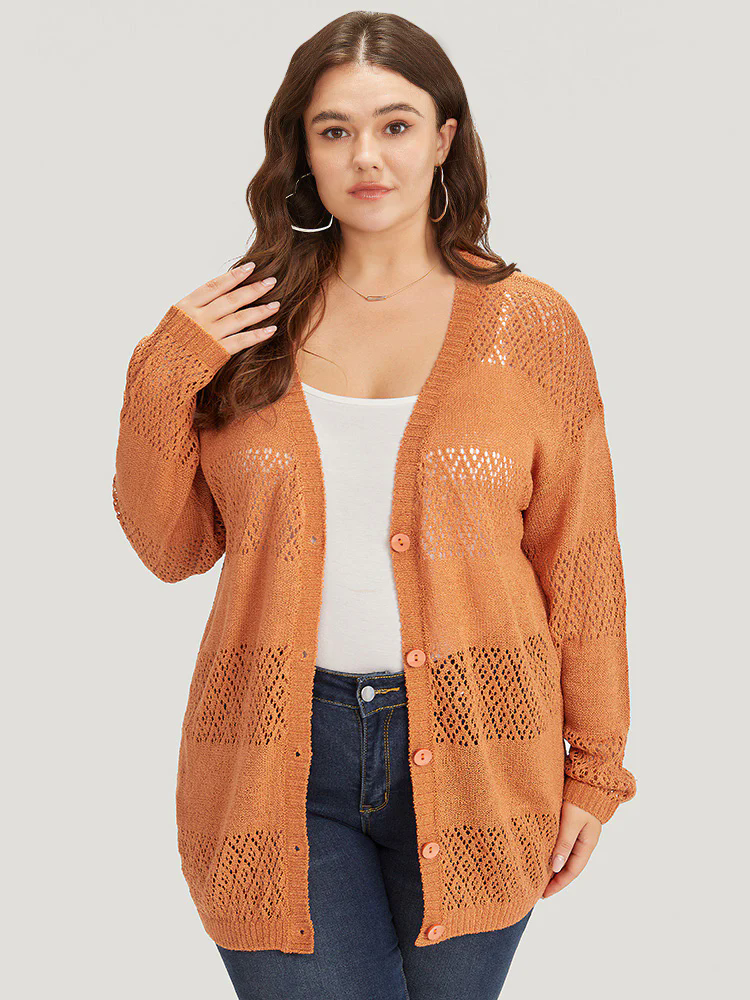 Plain Geometric Eyelet Button Through Loose Cardigan