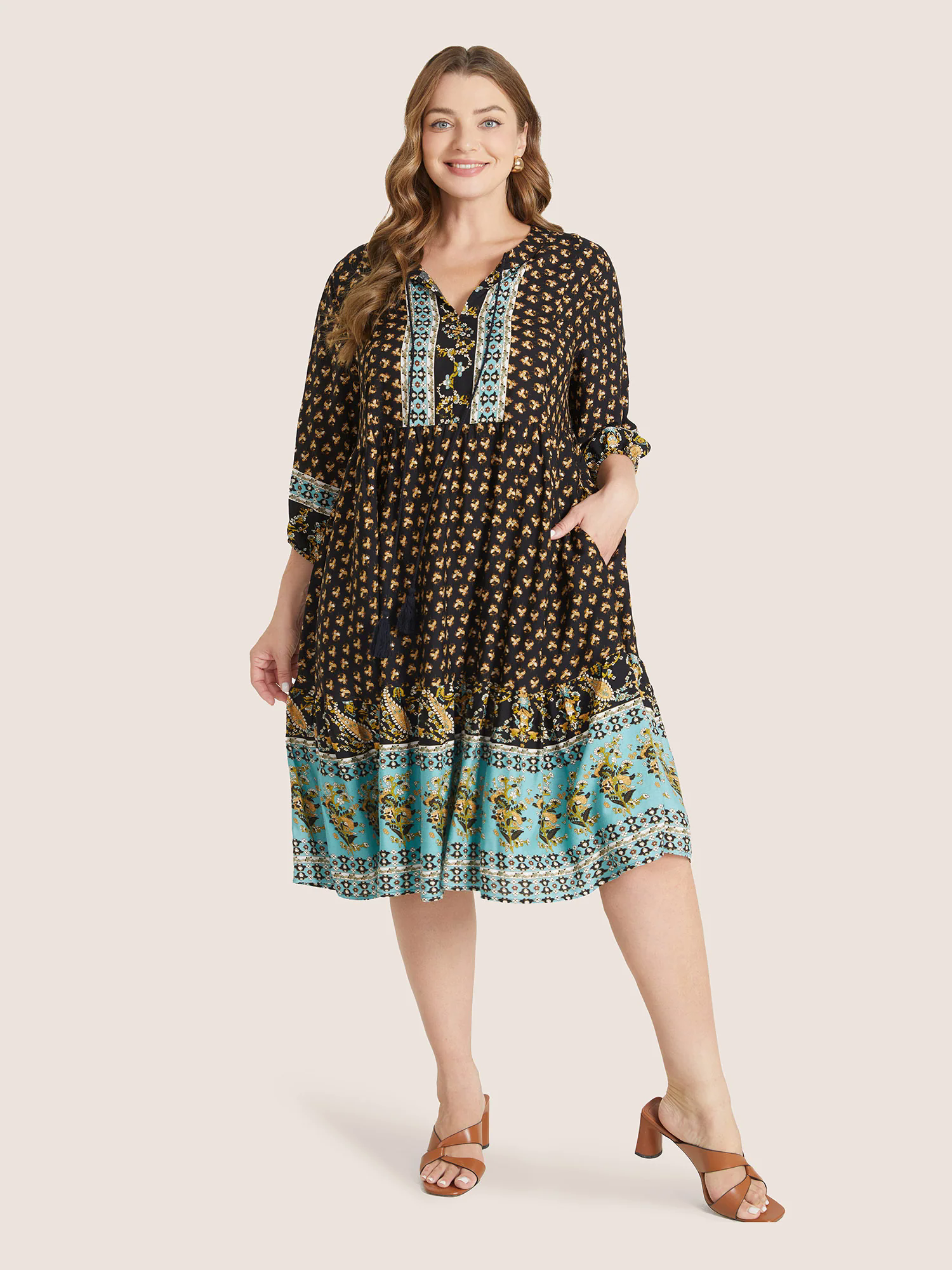 Bandana Tassels Lantern Sleeve Ruffle Pocket Keyhole Neck Dress Bandana Tassels Lantern Sleeve Ruffle Pocket Keyhole Neck Dress