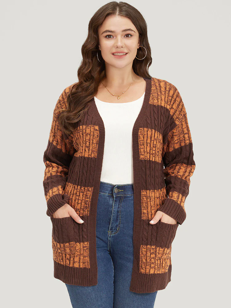 Halloween Colorblock Cable Knit Patched Pocket Cardigan Halloween Colorblock Cable Knit Patched Pocket Cardigan