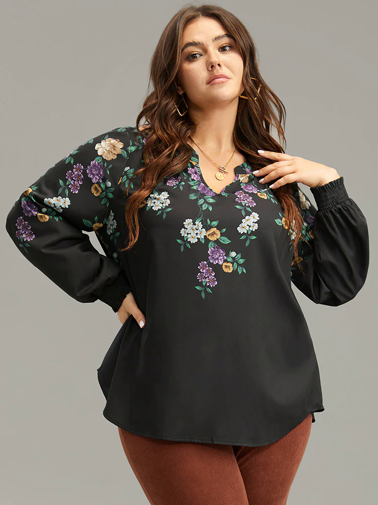 Floral Print Shirred Curved Hem Blouse Floral Print Shirred Curved Hem Blouse