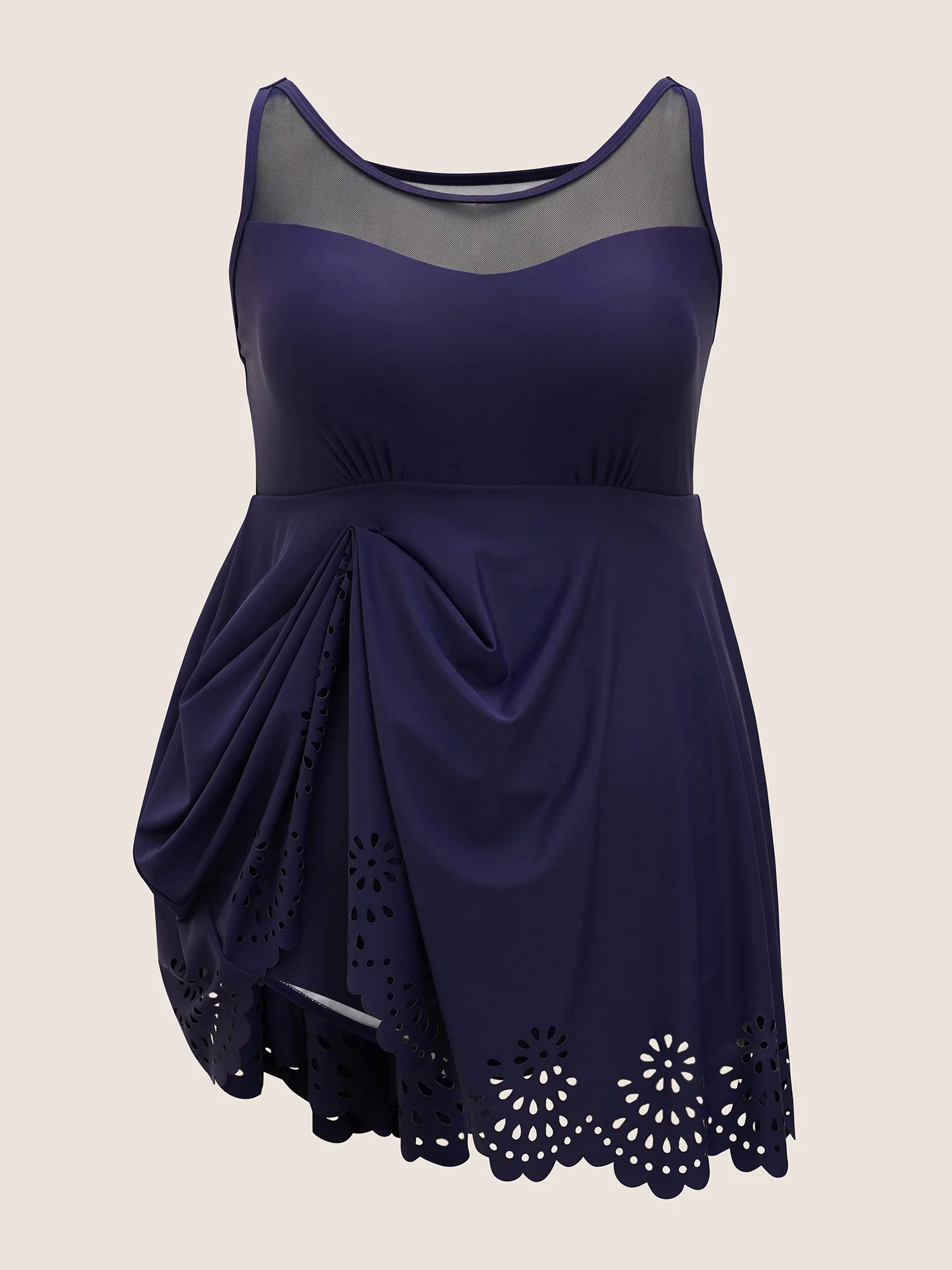 Solid Mesh Patchwork Laser Cut Swim Dress Solid Mesh Patchwork Laser Cut Swim Dress