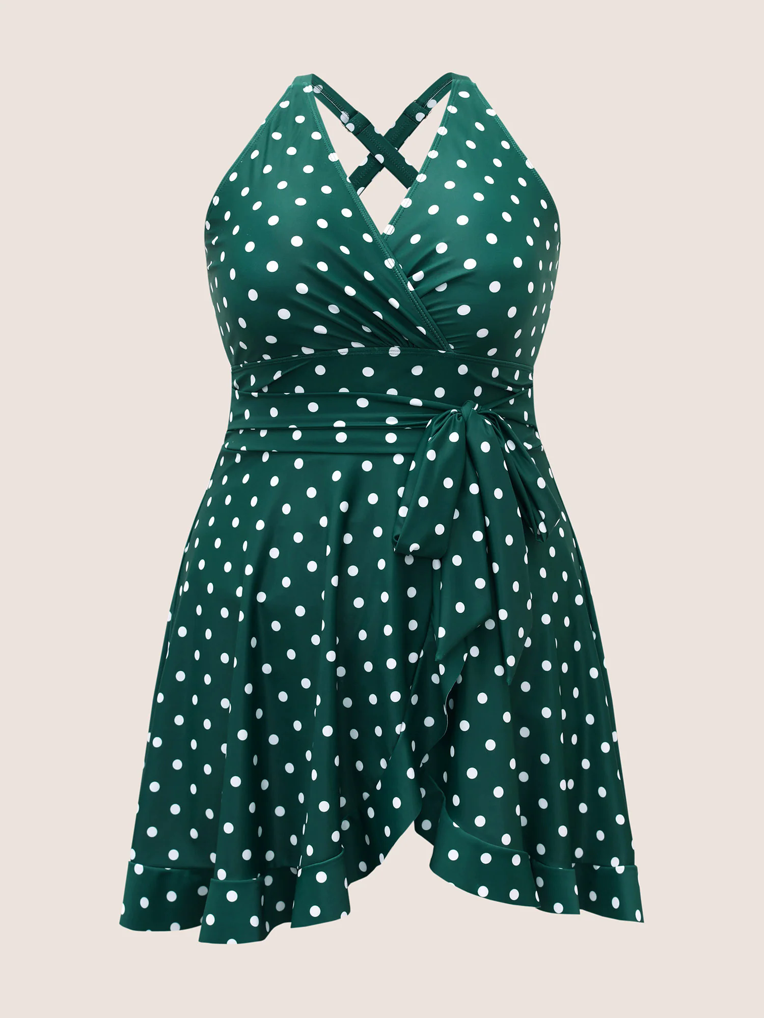 Overlap Collar Polka Dot Tie Knot Ruffles Swim Dress