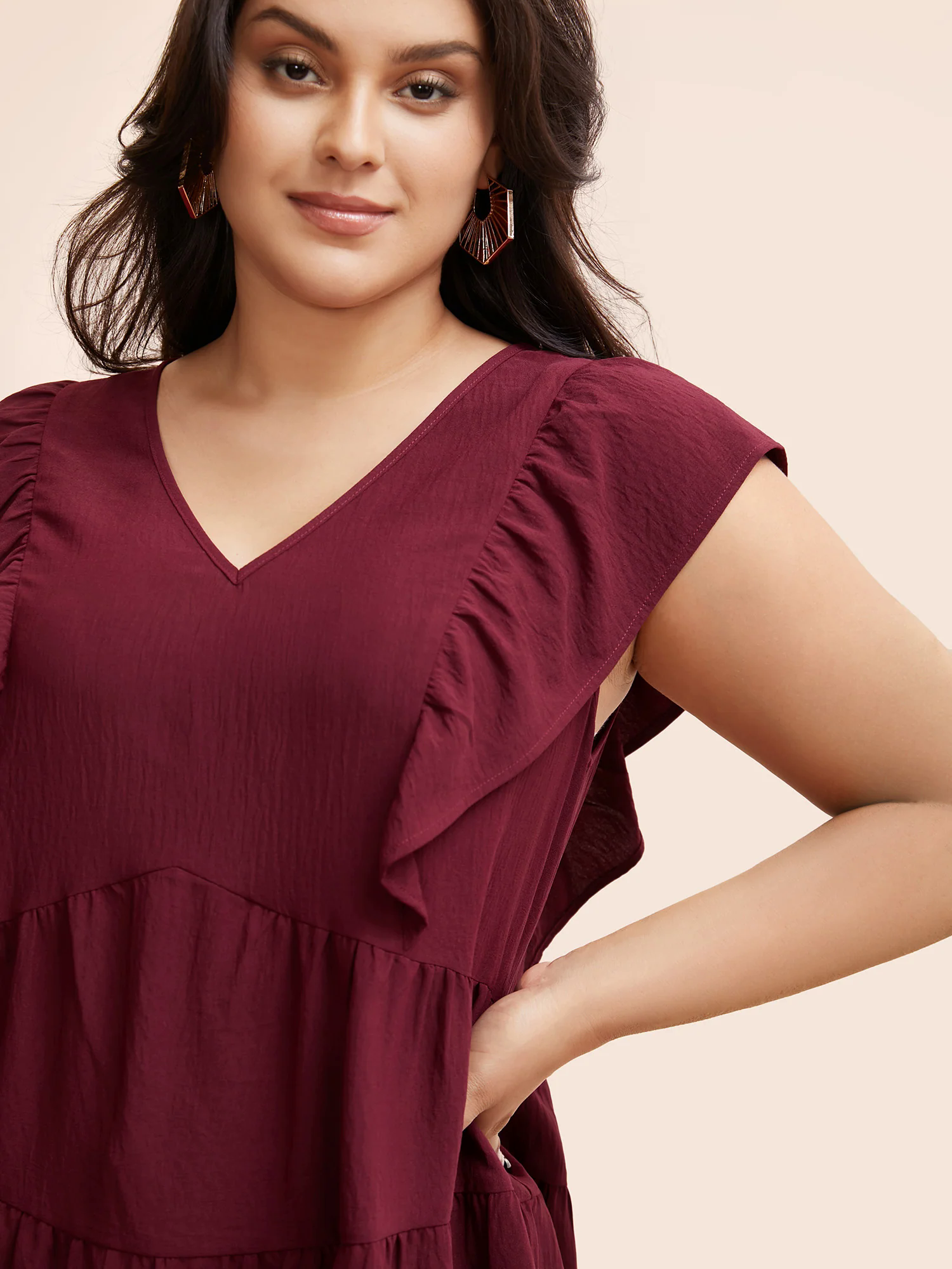 Solid Layered Hem Ruffle Cap Sleeve Blouse Solid Layered Hem Ruffle Cap Sleeve Blouse