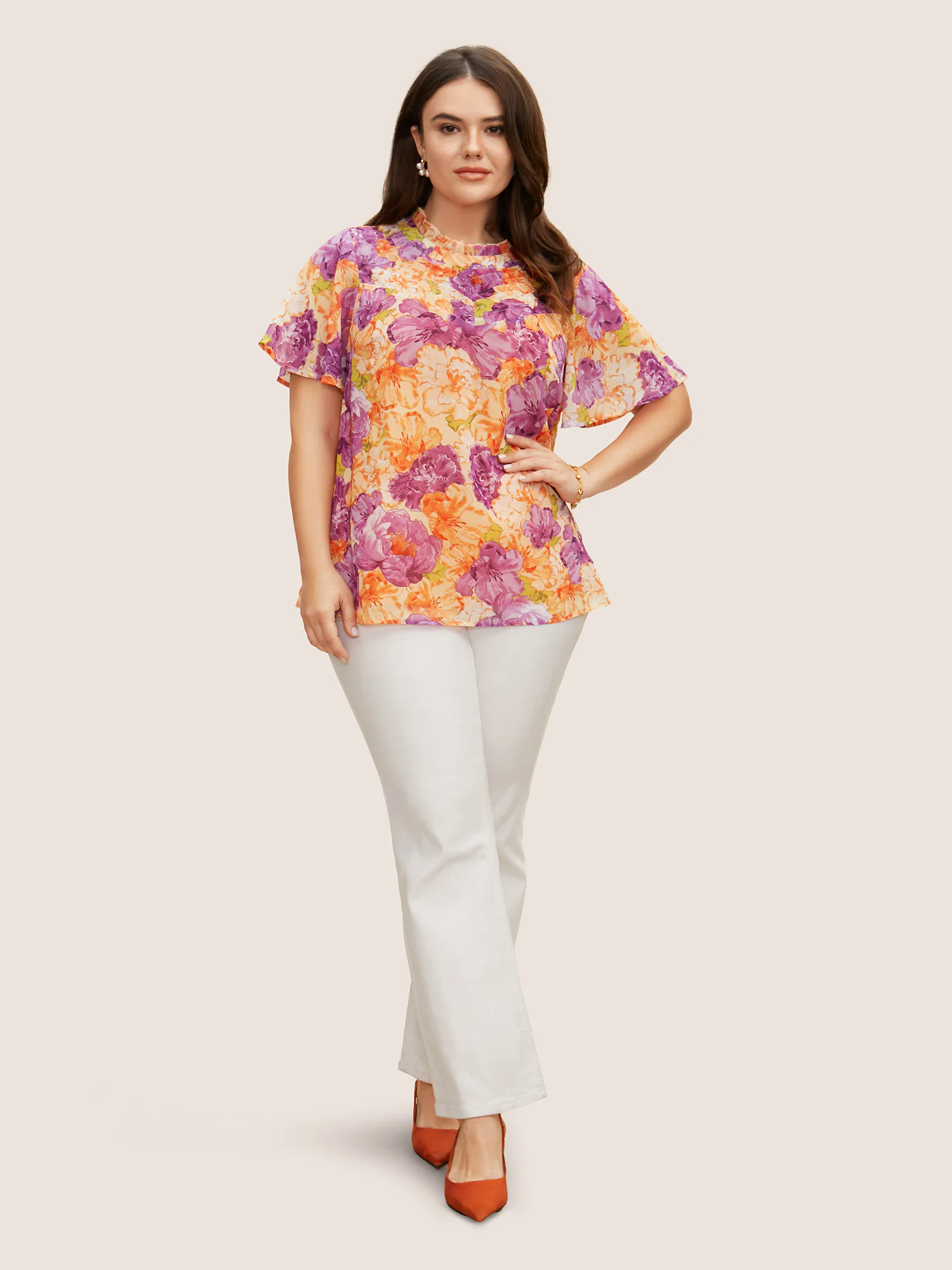 Mock Neck Contrast Floral Flutter Sleeve Blouse Mock Neck Contrast Floral Flutter Sleeve Blouse
