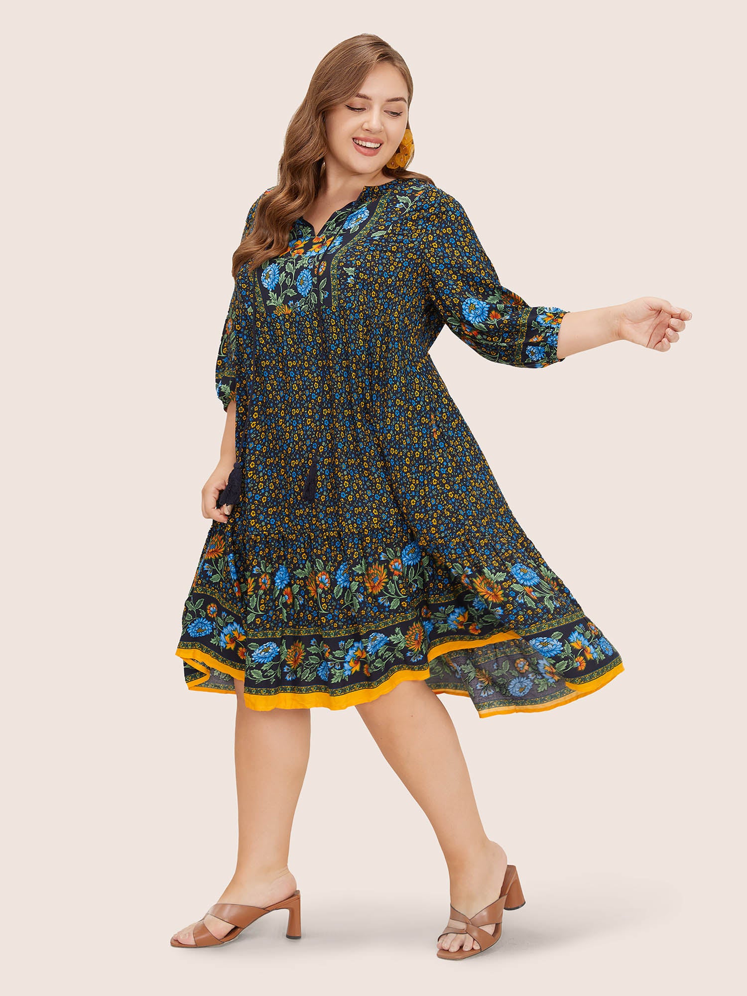 Bandana Tassels Lantern Sleeve Ruffle Pocket Keyhole Neck Dress Bandana Tassels Lantern Sleeve Ruffle Pocket Keyhole Neck Dress