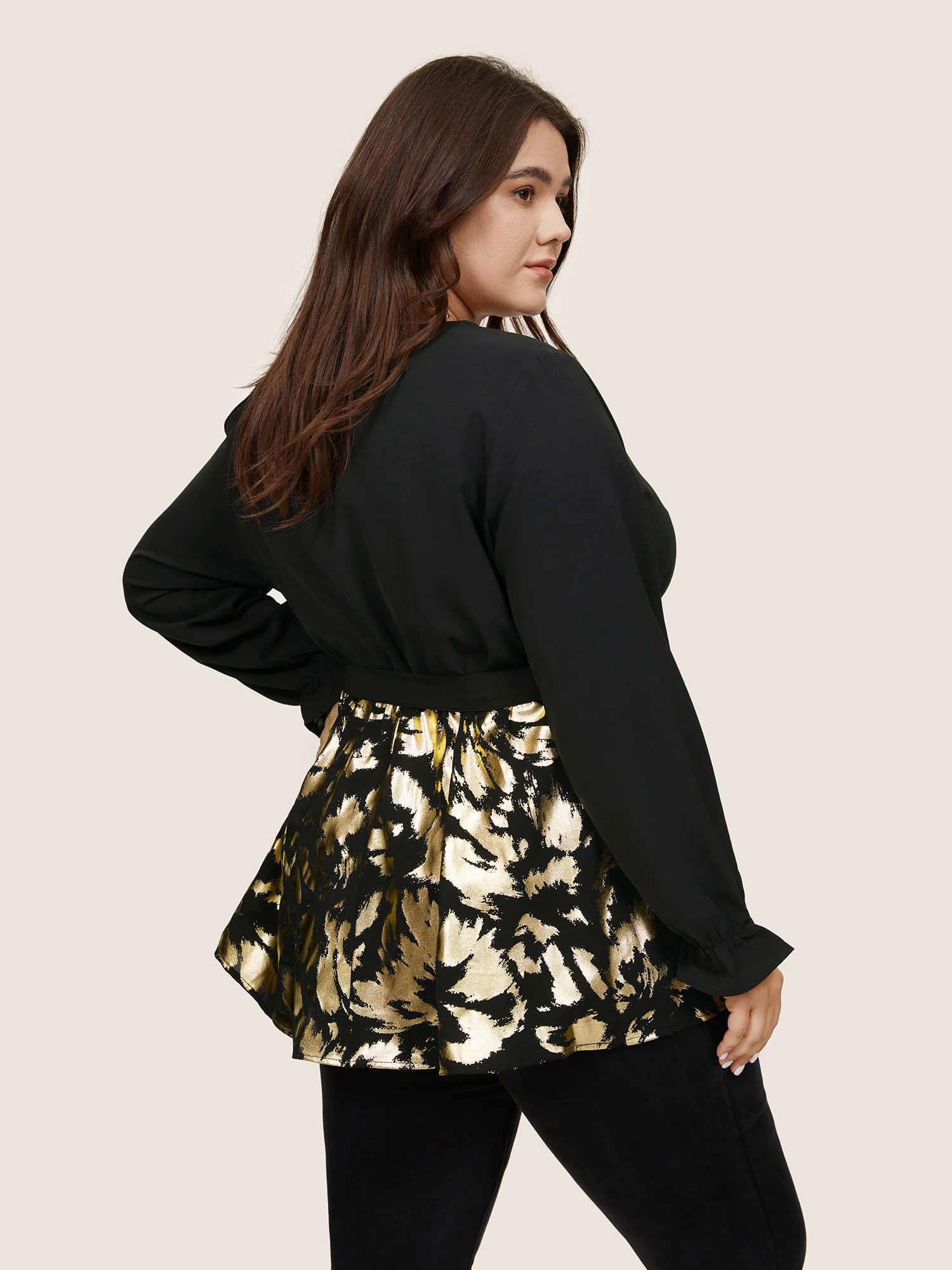 Glitter Patchwork Ruffles Wrap Belted Blouse Glitter Patchwork Ruffles Wrap Belted Blouse