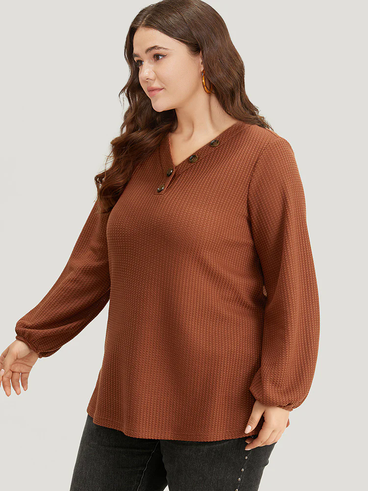 Halloween Solid Waffle Knit Button Up Lantern Sleeve T-shirt Halloween Solid Waffle Knit Button Up Lantern Sleeve T-shirt