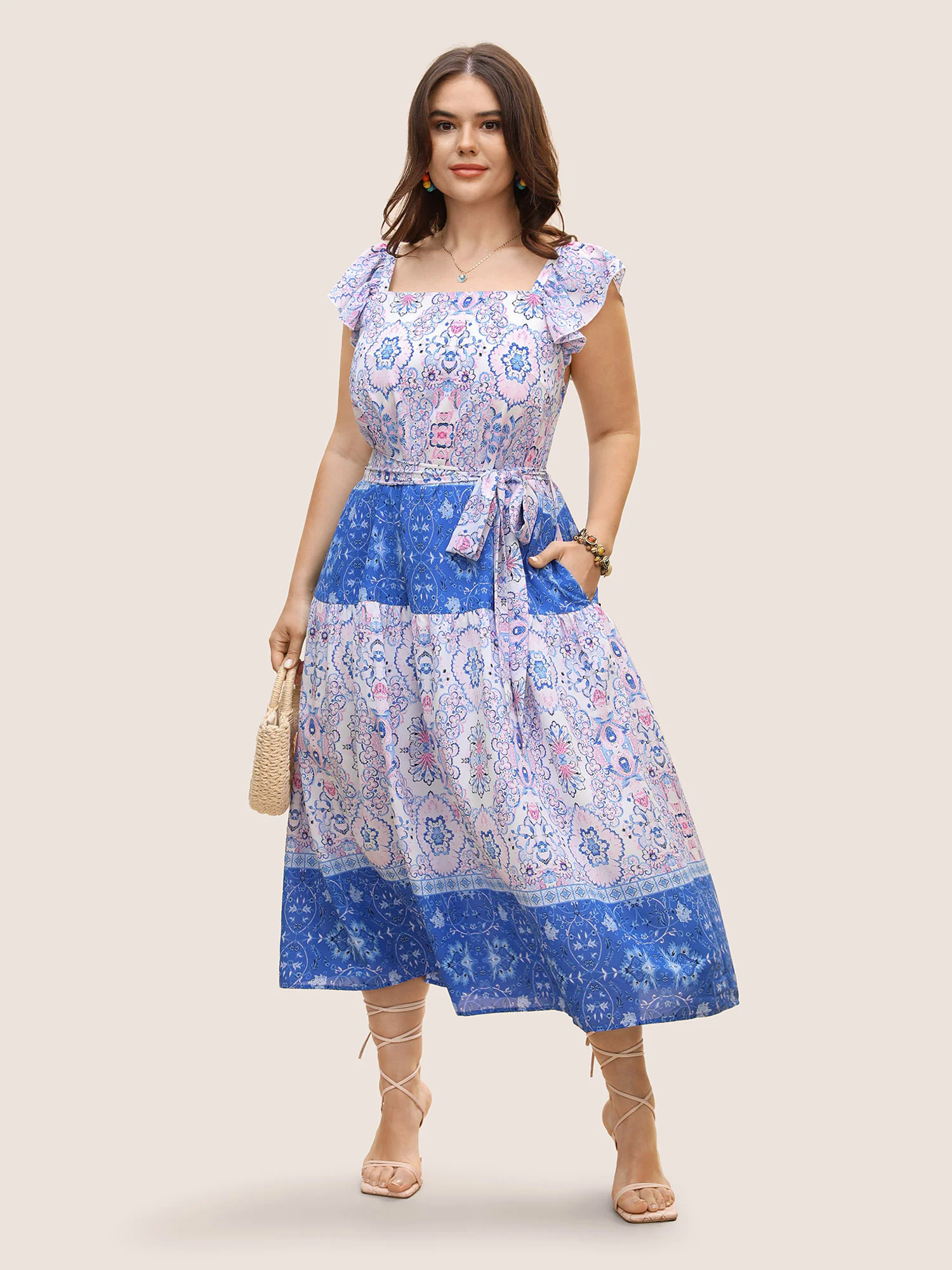 Boho Print Ruffle Sleeve Belted Midi Dress Boho Print Ruffle Sleeve Belted Midi Dress