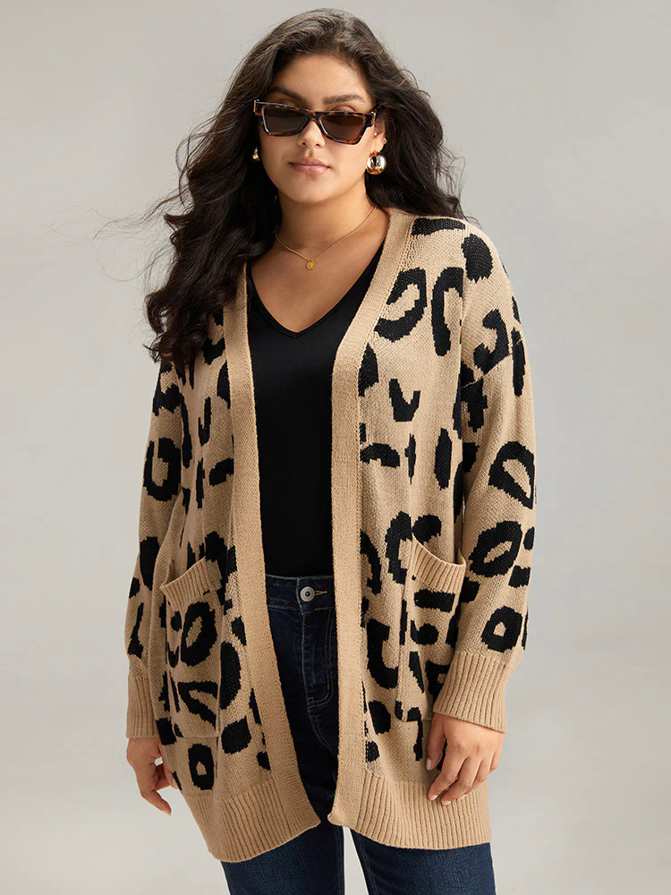 Leopard Elastic Cuffs Drop Shoulder Cardigan