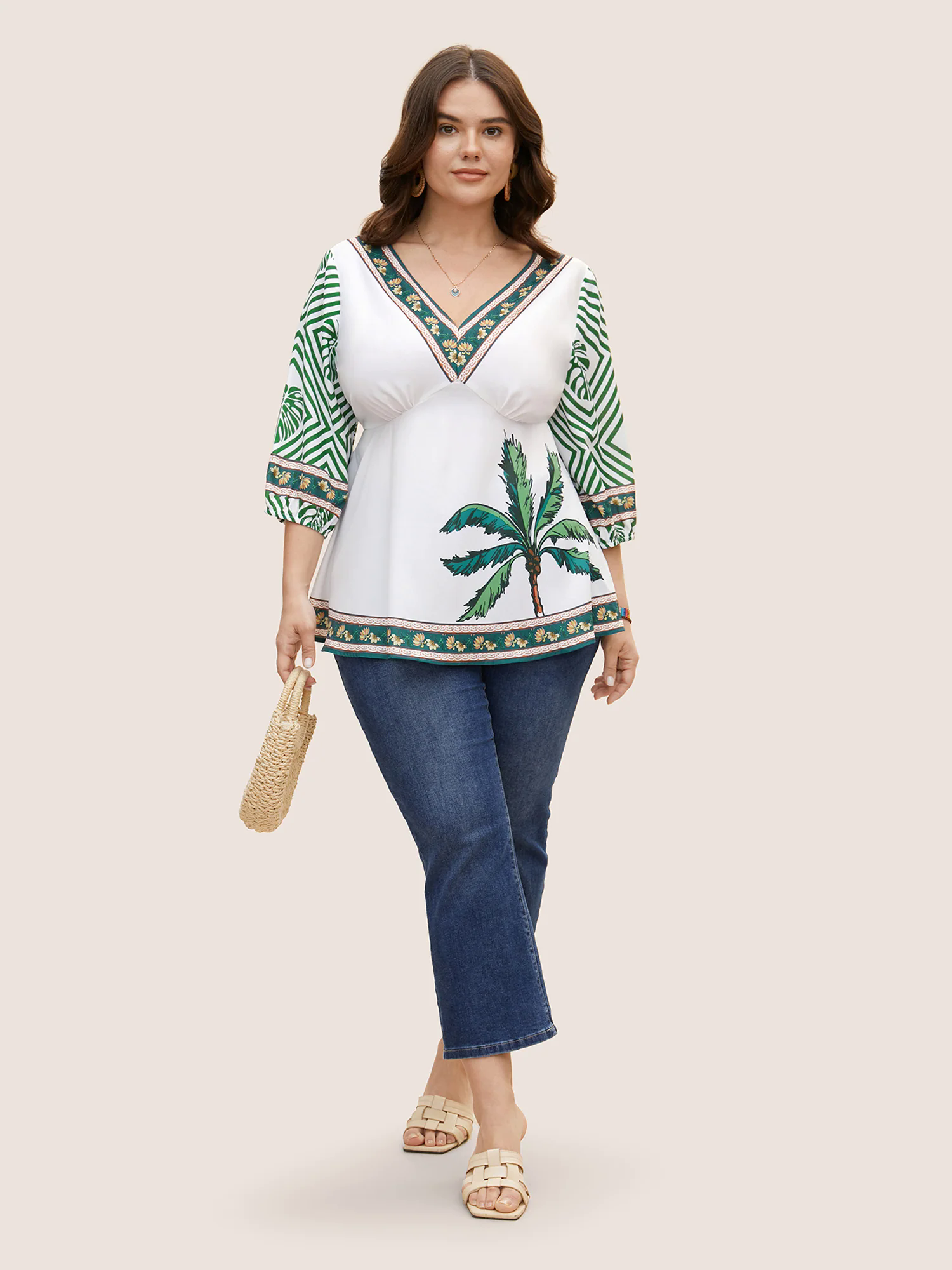 Boho Coconut Tree Print Lantern Sleeve Blouse Boho Coconut Tree Print Lantern Sleeve Blouse